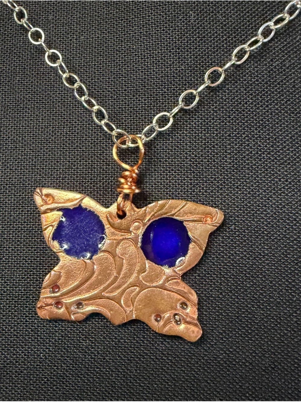 Copper Blue Enamel Butterfly Sterling Silver Artisan Crafted Necklace